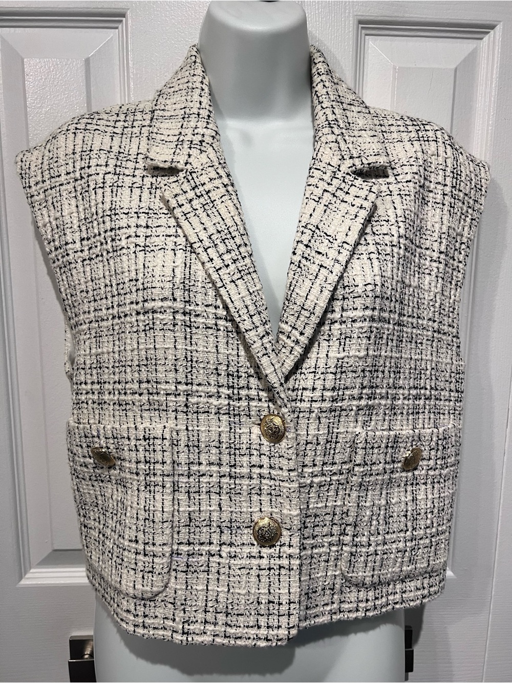 Zara Cream/Black Tweed Collared Lined Cotton Blend Vest Size Small